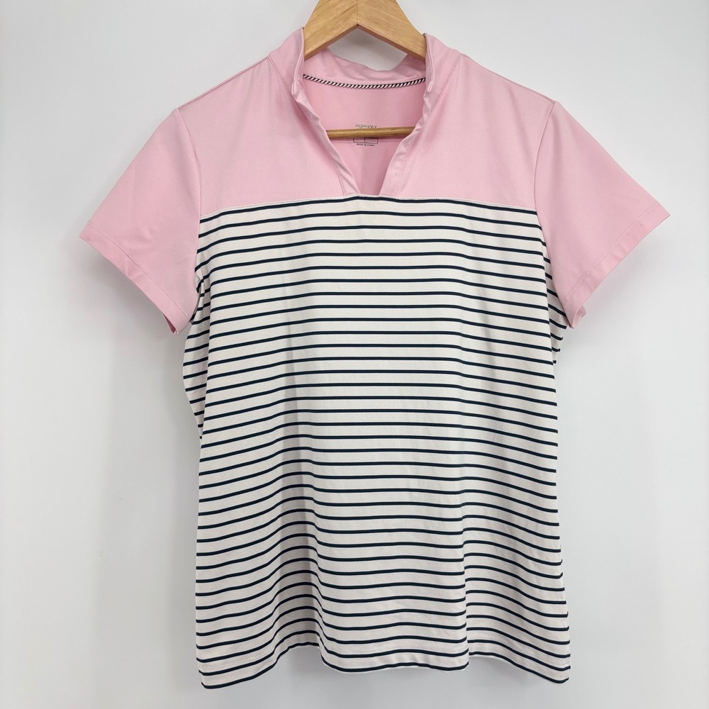 Tail Women Short Sleeve Golf Polo Shirt Pink Navy Striped Split Neck Size L